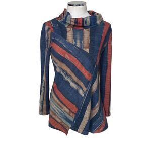 NorthStyle Navy Blue Asymmetric Striped Funnel Cowl Neck Women’s Long Sleeve Top